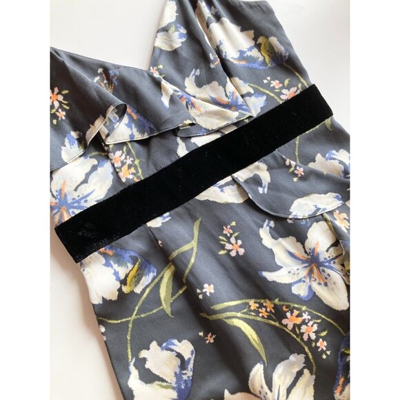 CINQ A SEPT Leena Floral Silk Charmeuse Ruffle Velvet Midi Sheath Dress, Size 2 - Picture 9 of 16